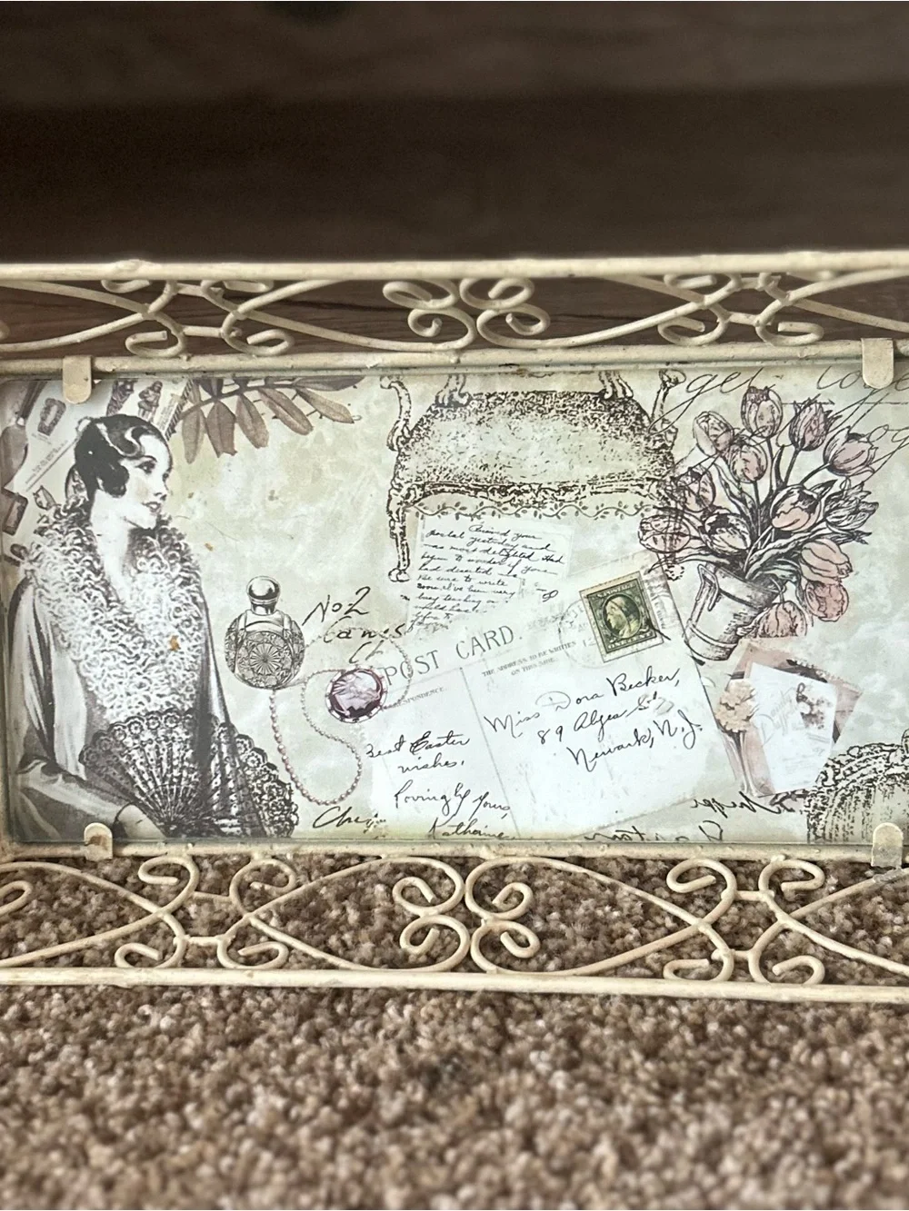 Vintage Floral Postcard Decorative Tray in Cream and Tan